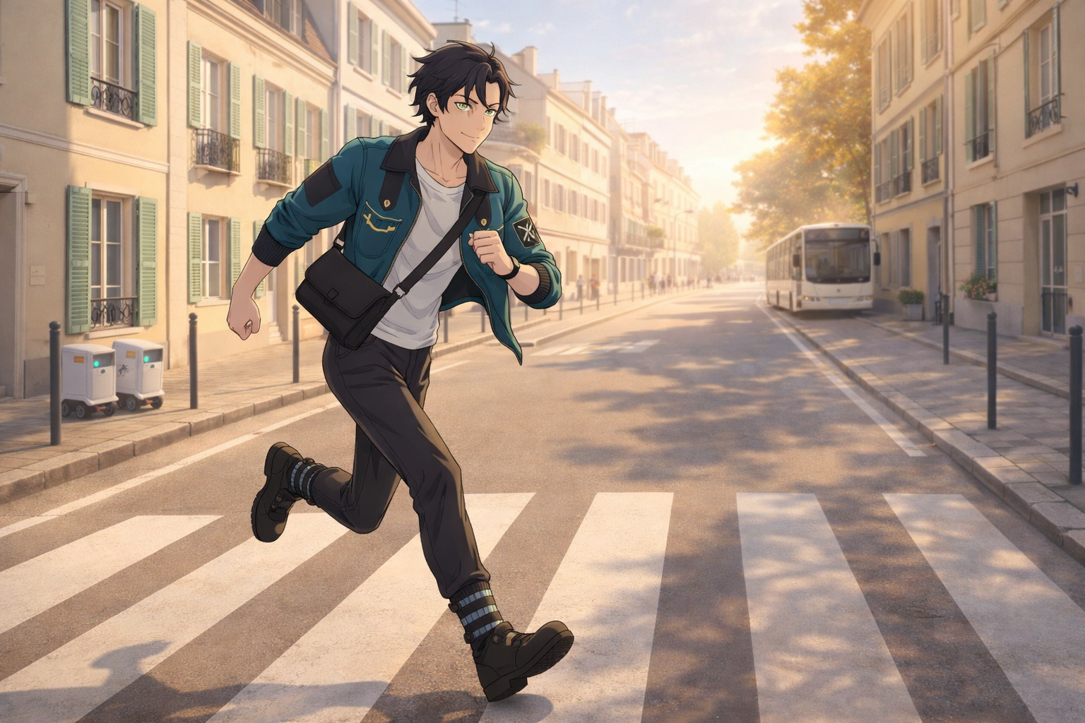 Still frame anime-style di un personaggio che corre in città.