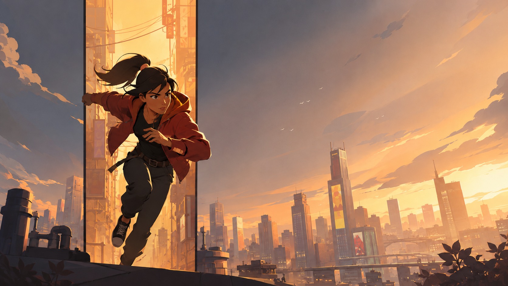Vertical storytelling: un personaggio entra in scena in una città cinematografica al tramonto.