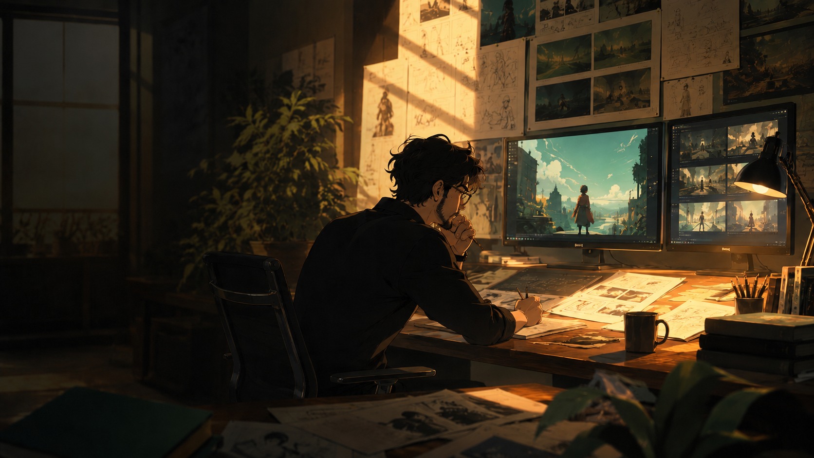 Visual direction: regia visiva in uno studio creativo, con storyboard e mood visivo.